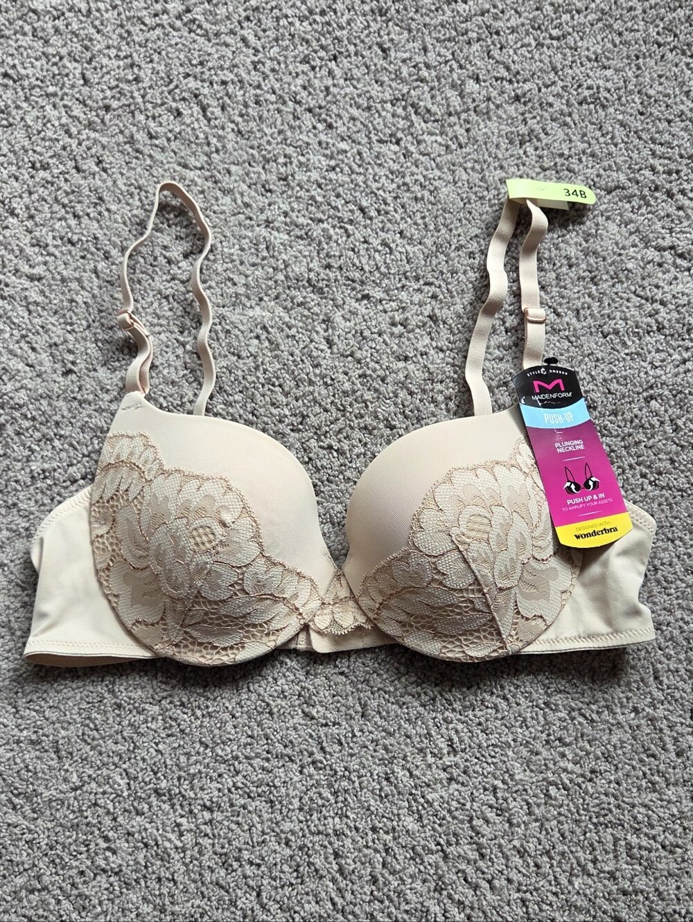 NWT Maidenform Wonderbra Beige Lace Underwire Push-Up Bra, Size 34B Feminine